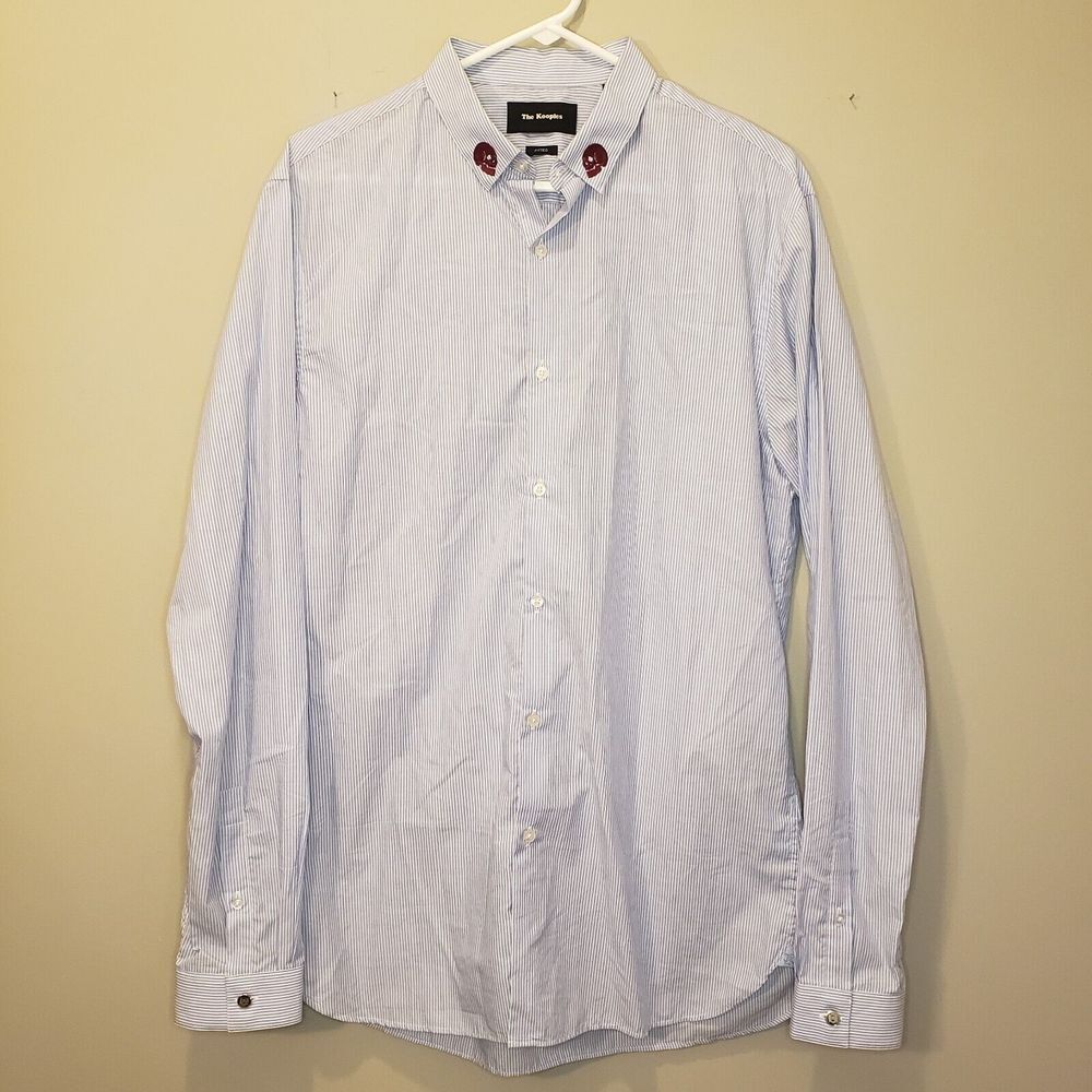 THE KOOPLES Men's Skull Collar Shirt Striped Blue White Button L